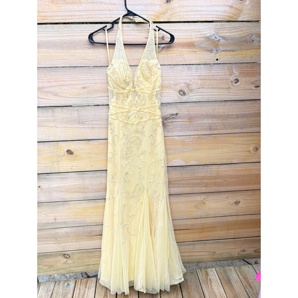 Yellow Beaded Halter Neck Gown Paisley Sequin Mesh Formal Prom Dress small